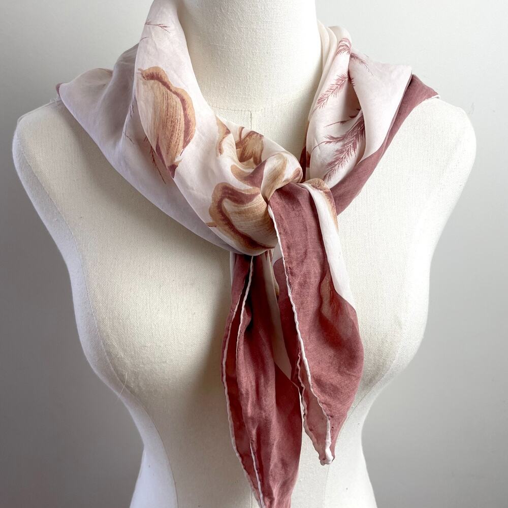 Vintage 70s Silk Scarf Square Neutral Brown Floral Border Print Quiet Luxury